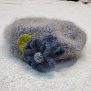 Vintage Toucan Gray Blue Y2K Fairy Artsy‎ Winter Angora Blend Floral Beret Hat